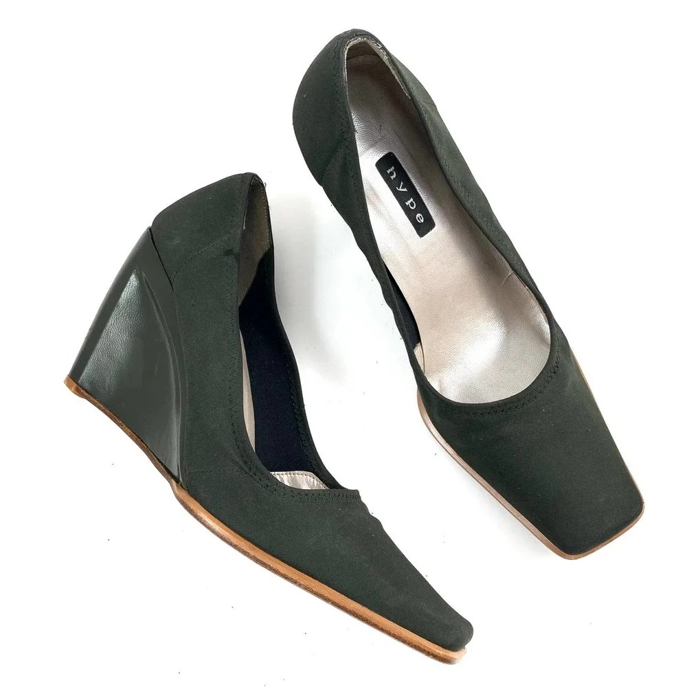 ❌SOLD❌ Vintage 90's HYPE Spain dark green wedge square toe shoes - Picture 1 of 13